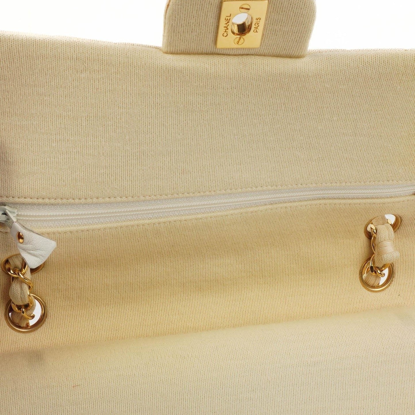 Chanel Chevron Medium Double Flap Bag In Beige Quilted Jersey And 24K Gold-Plated Hardware