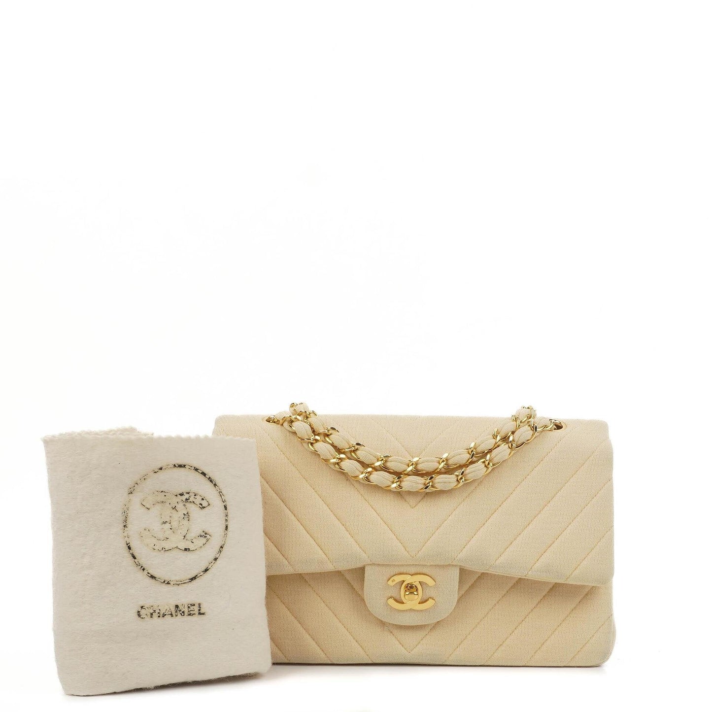 Chanel Chevron Medium Double Flap Bag In Beige Quilted Jersey And 24K Gold-Plated Hardware