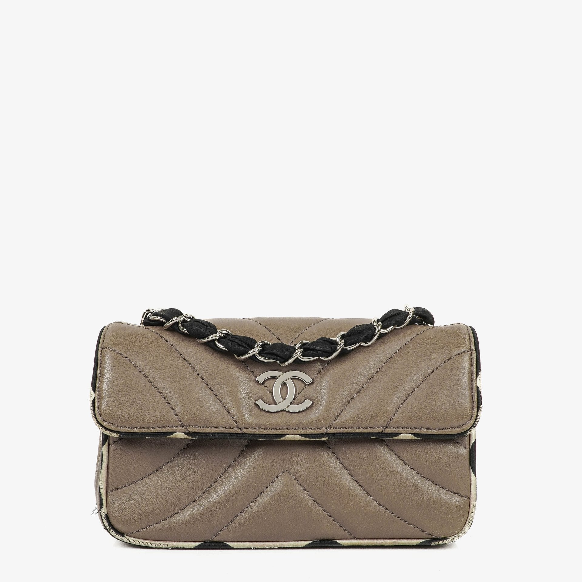 Chanel Chevron Mini Flap Quilted Lambskin And Printed Silk Trim With Silver Hardware