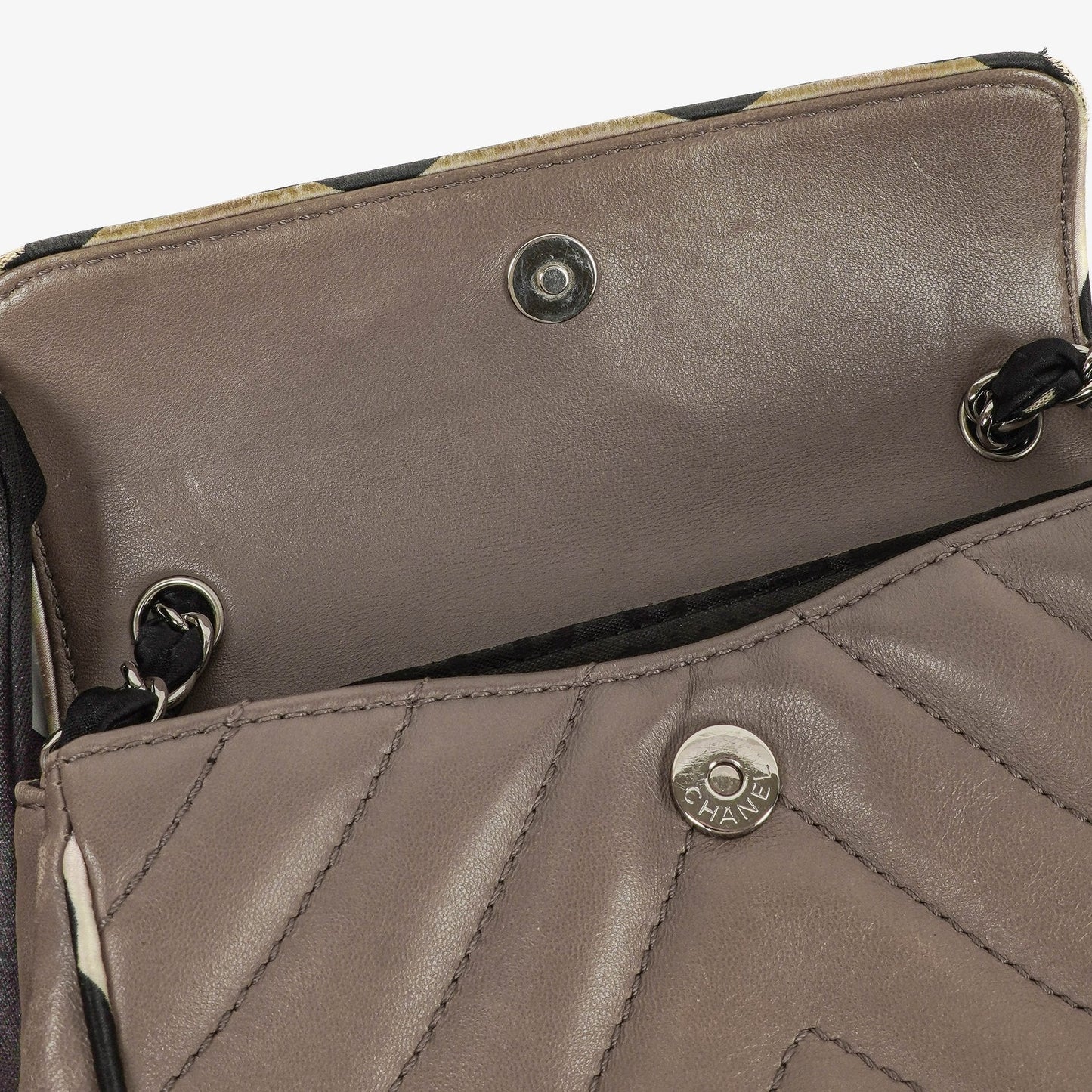 Chanel Chevron Mini Flap Quilted Lambskin And Printed Silk Trim With Silver Hardware