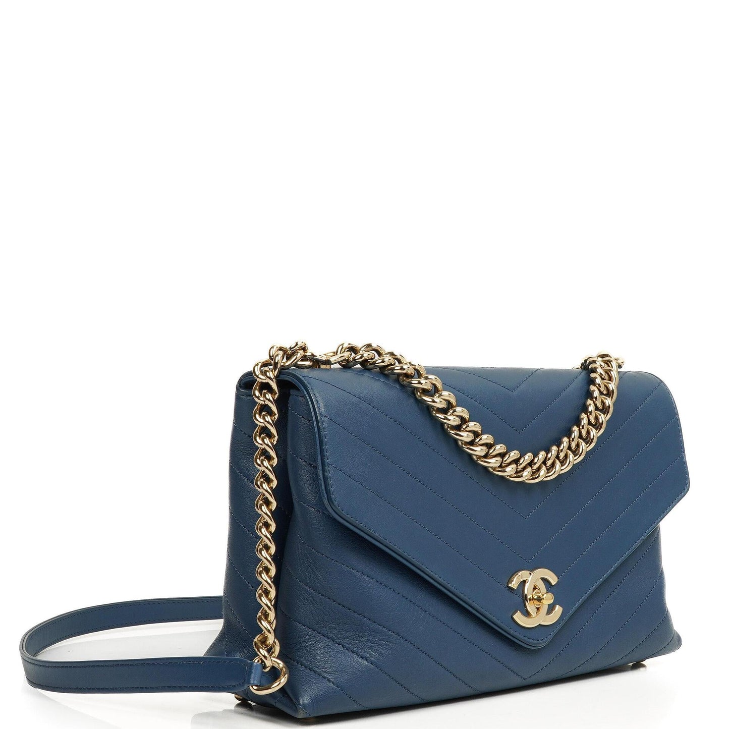 Chanel Chevron Stitched Large Envelope Compartment Flap Bag Blue Calfskin Gold-Tone Hardware, 2018-2019
