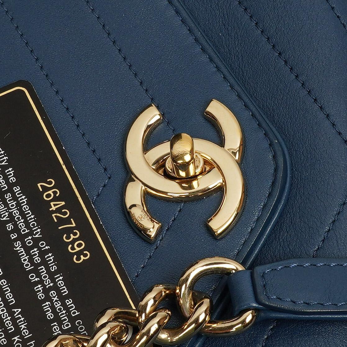 Chanel Chevron Stitched Large Envelope Compartment Flap Bag Blue Calfskin Gold-Tone Hardware, 2018-2019