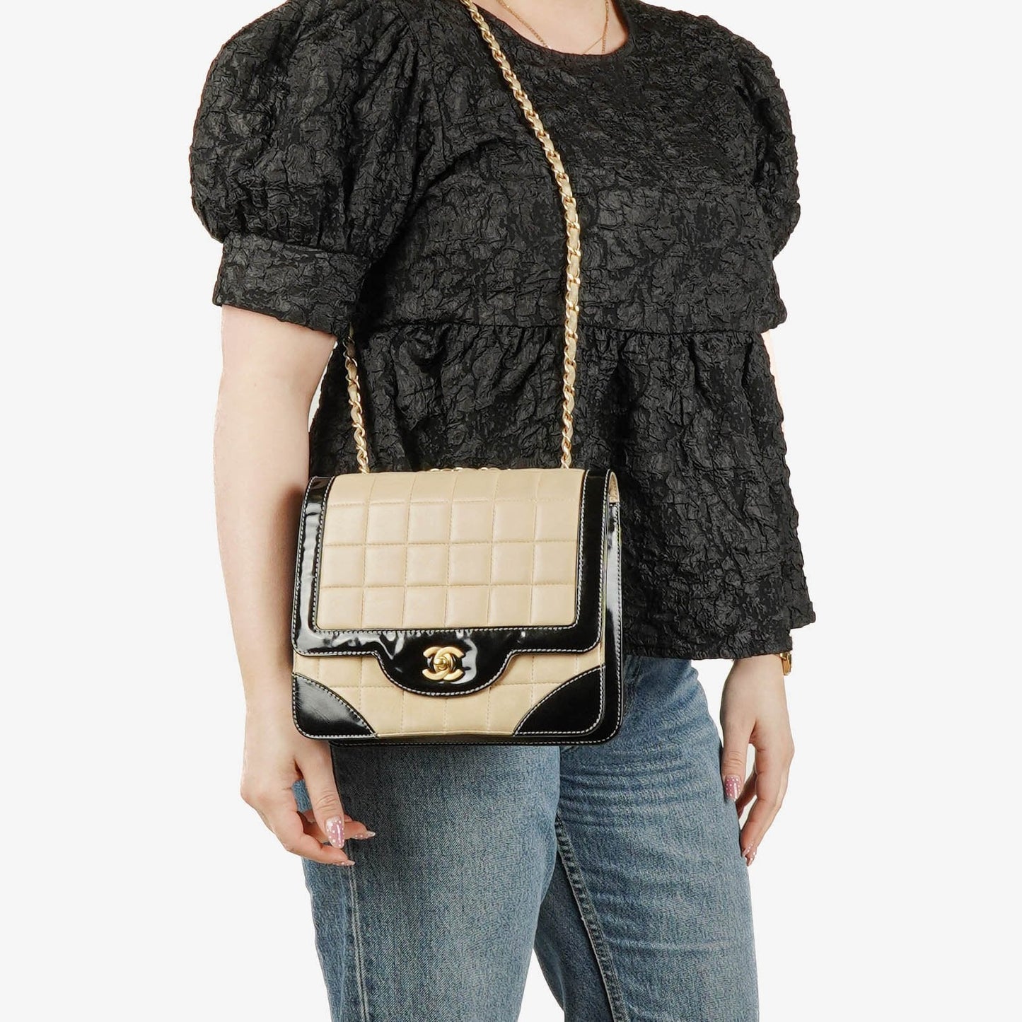 Chanel Chocolate Bar Lambskin And Patent Leather Single Flap Bag
