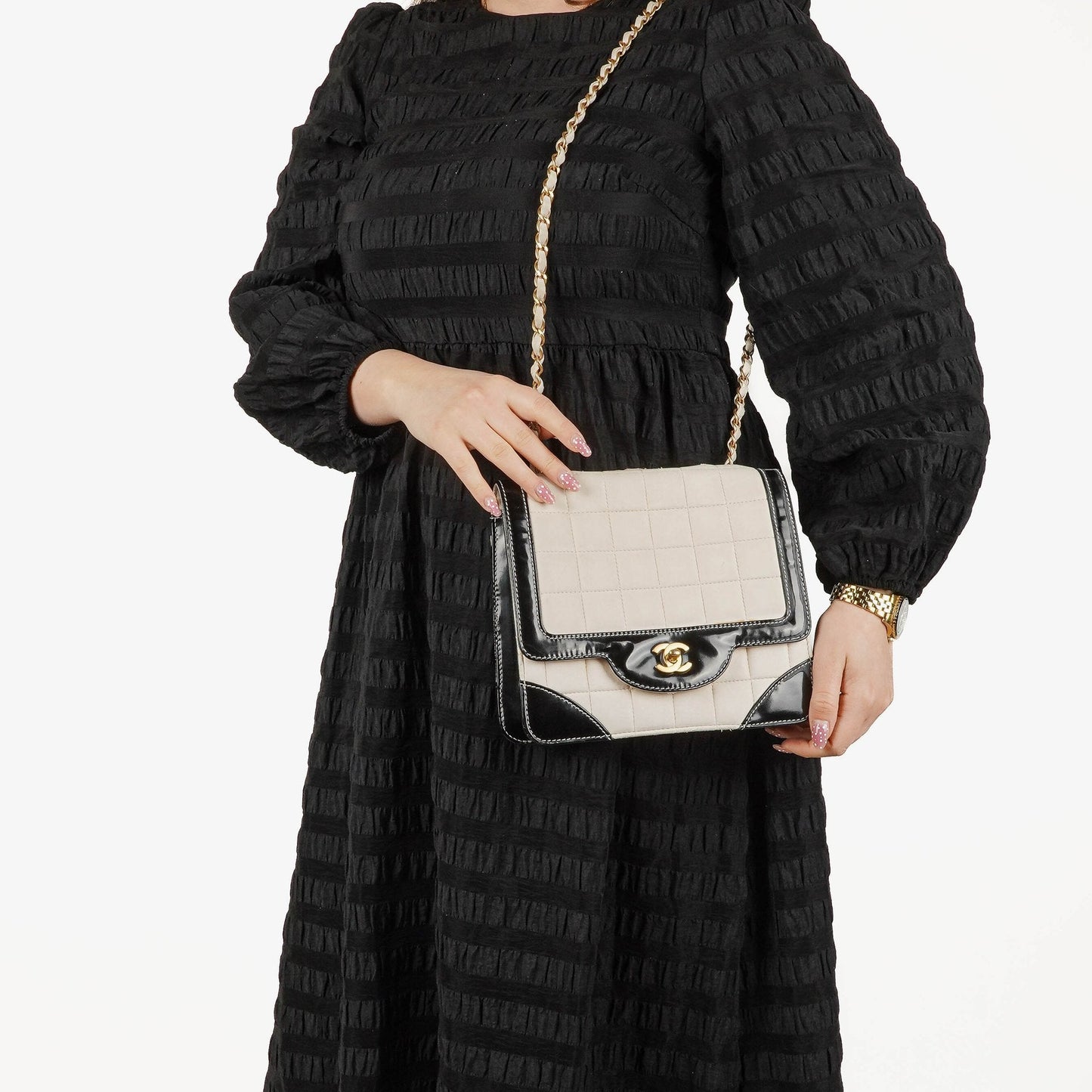 Chanel Chocolate Bar Leather And Patent Leather Single Flap Bag