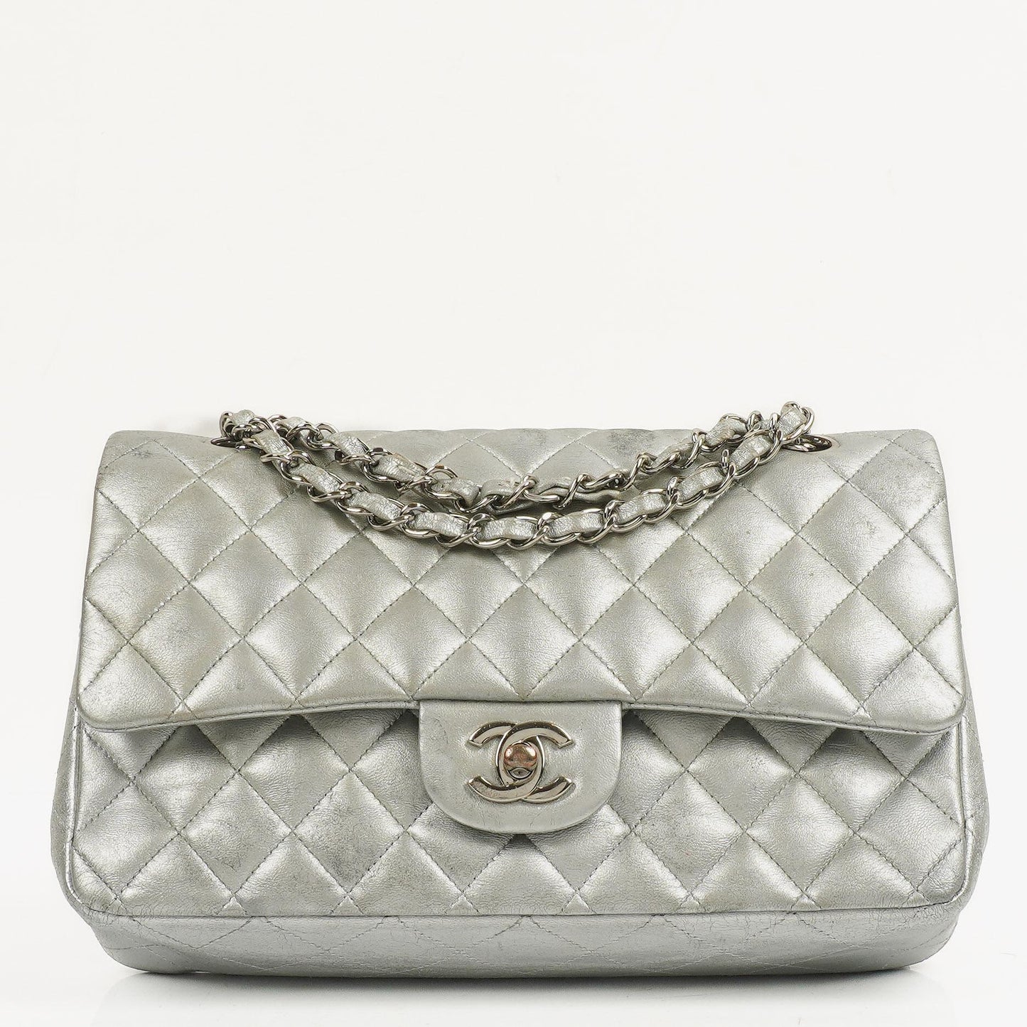 Chanel Classic Double Flap Bag Metallic Silver Quilted Lambskin With Silver-Tone Hardware