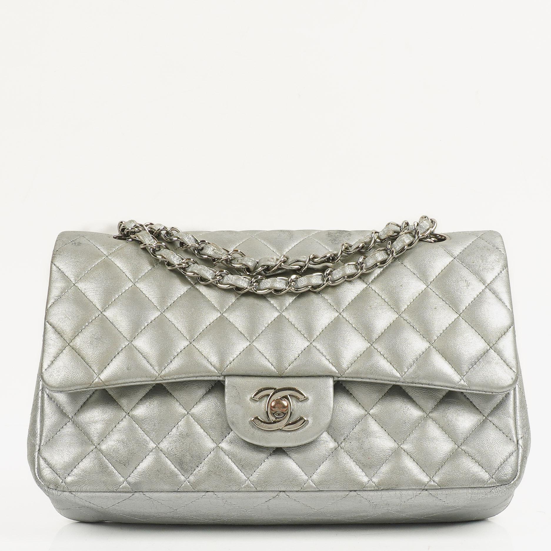 Chanel Classic Double Flap Bag Metallic Silver Quilted Lambskin With Silver-Tone Hardware
