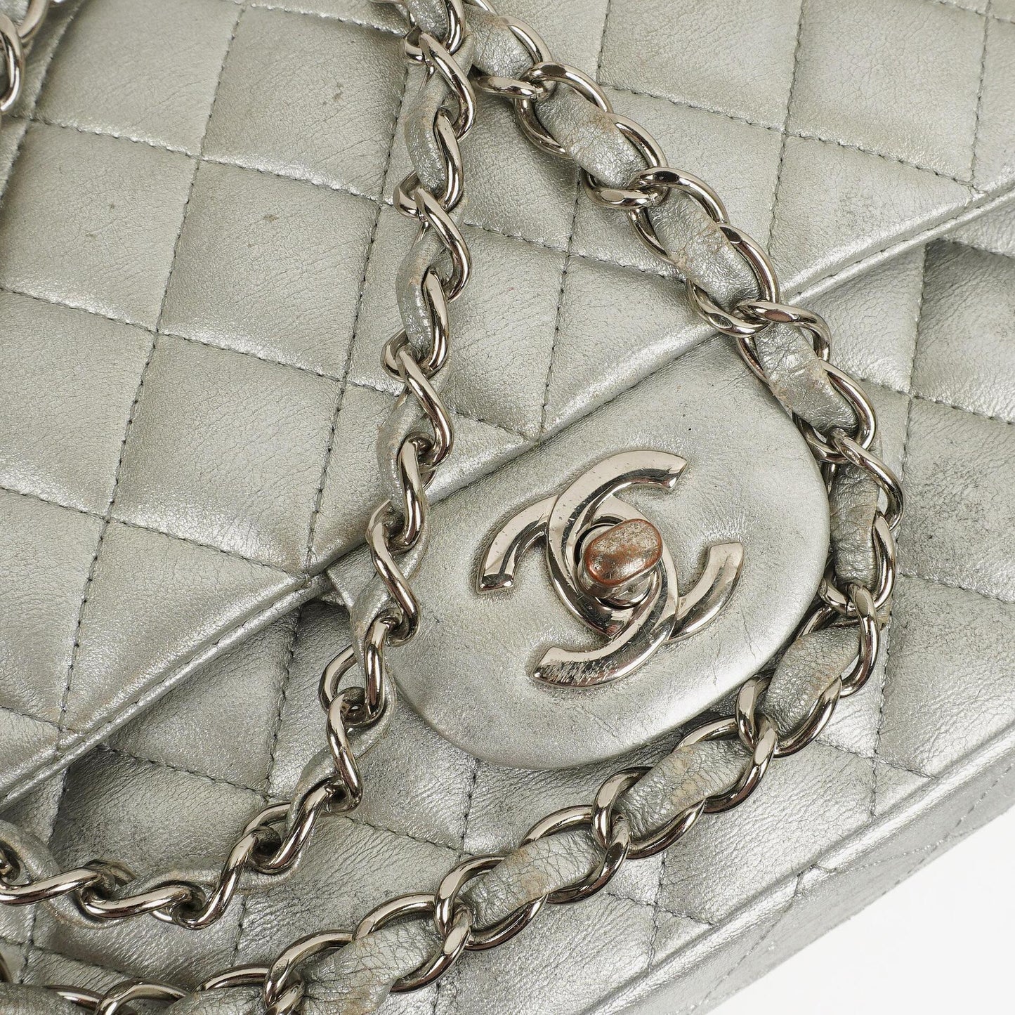 Chanel Classic Double Flap Bag Metallic Silver Quilted Lambskin With Silver-Tone Hardware