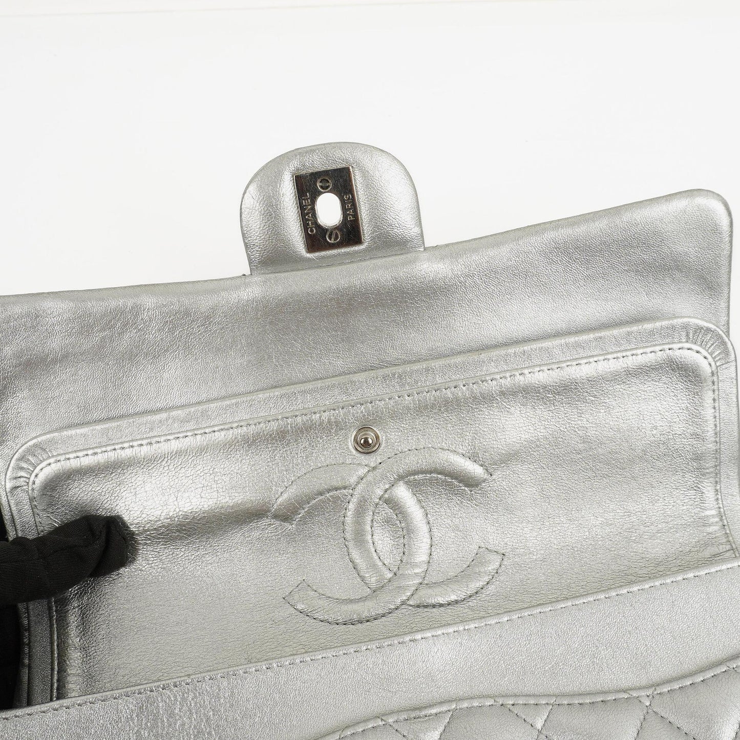 Chanel Classic Double Flap Bag Metallic Silver Quilted Lambskin With Silver-Tone Hardware
