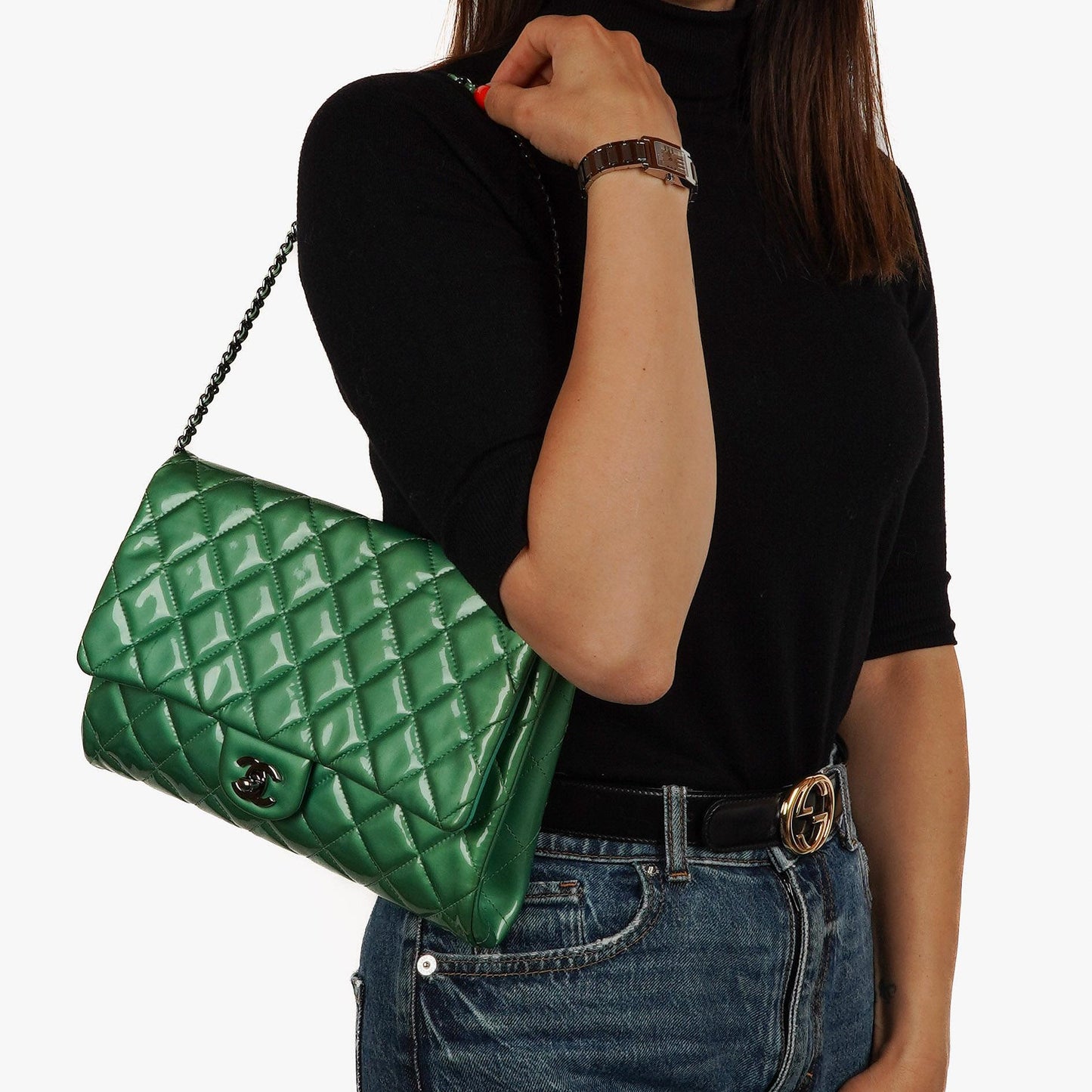 Chanel Classic Flap Clutch With Chain Green Quilted Patent Leather With Silver-Tone Hardware