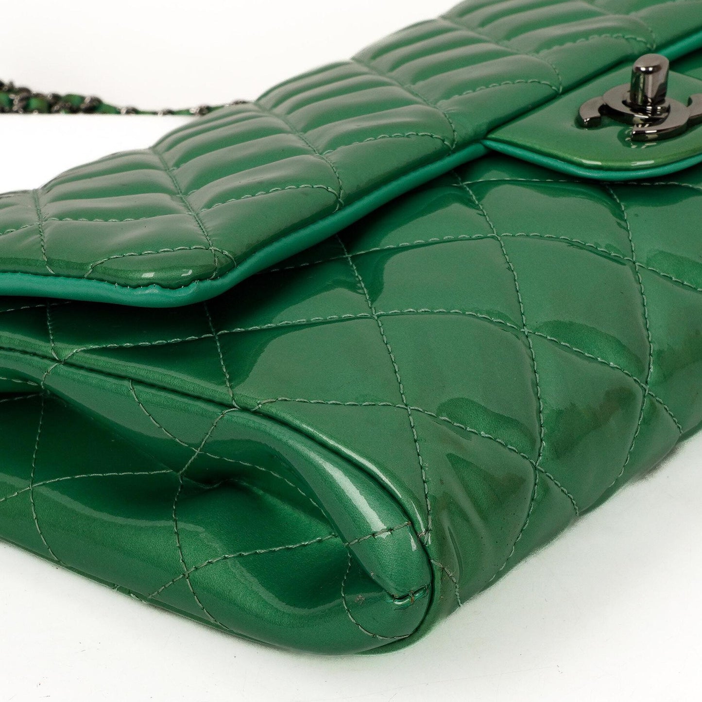 Chanel Classic Flap Clutch With Chain Green Quilted Patent Leather With Silver-Tone Hardware