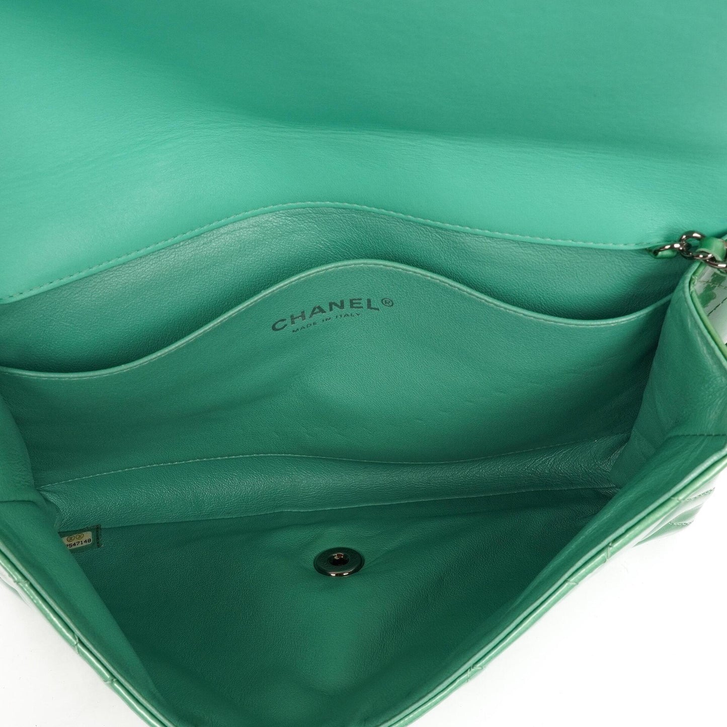 Chanel Classic Flap Clutch With Chain Green Quilted Patent Leather With Silver-Tone Hardware