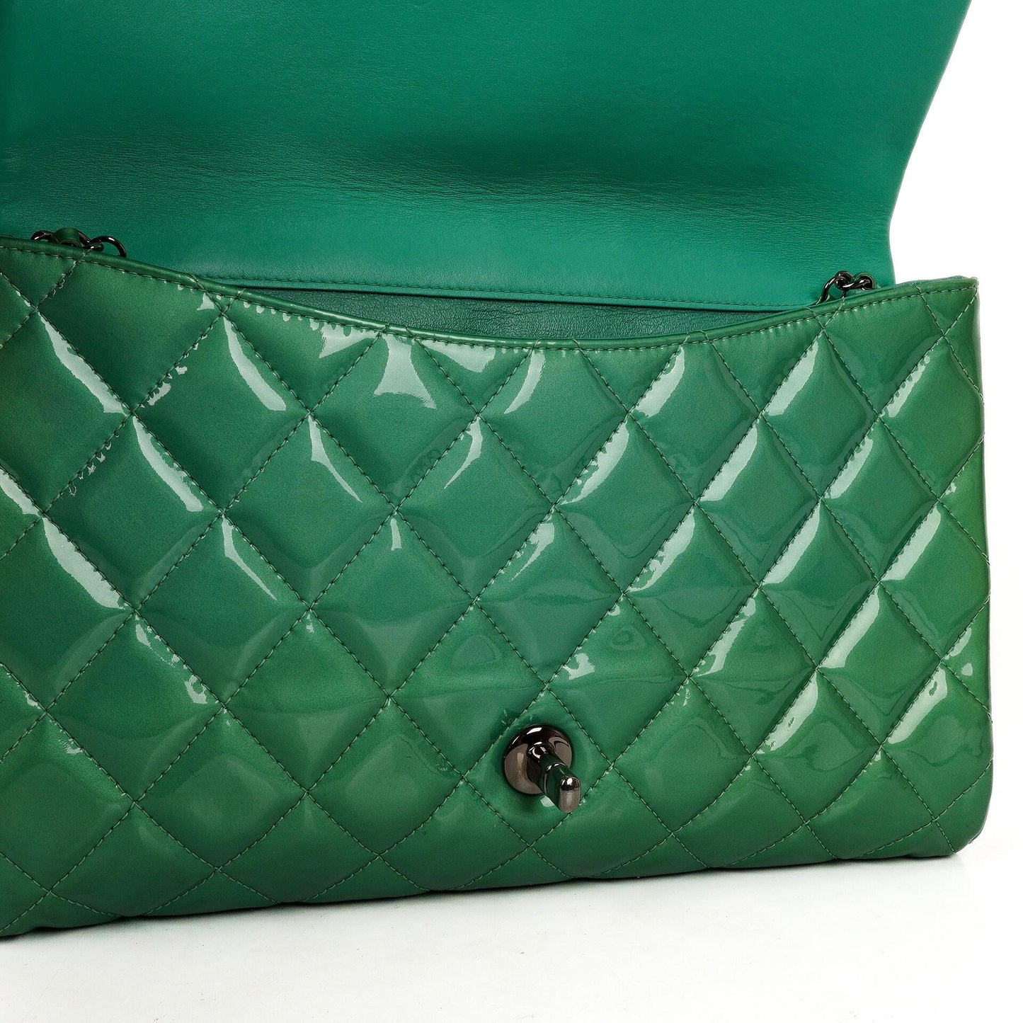 Chanel Classic Flap Clutch With Chain Green Quilted Patent Leather With Silver-Tone Hardware