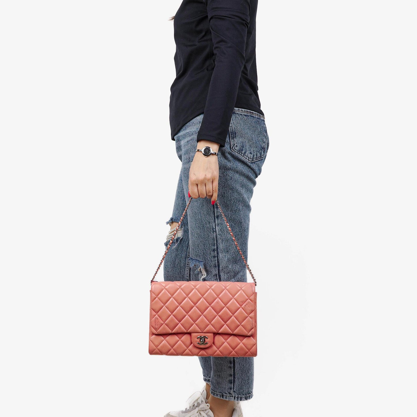 Chanel Classic Flap Clutch With Chain Quilted Leather With Silver-Tone Hardware