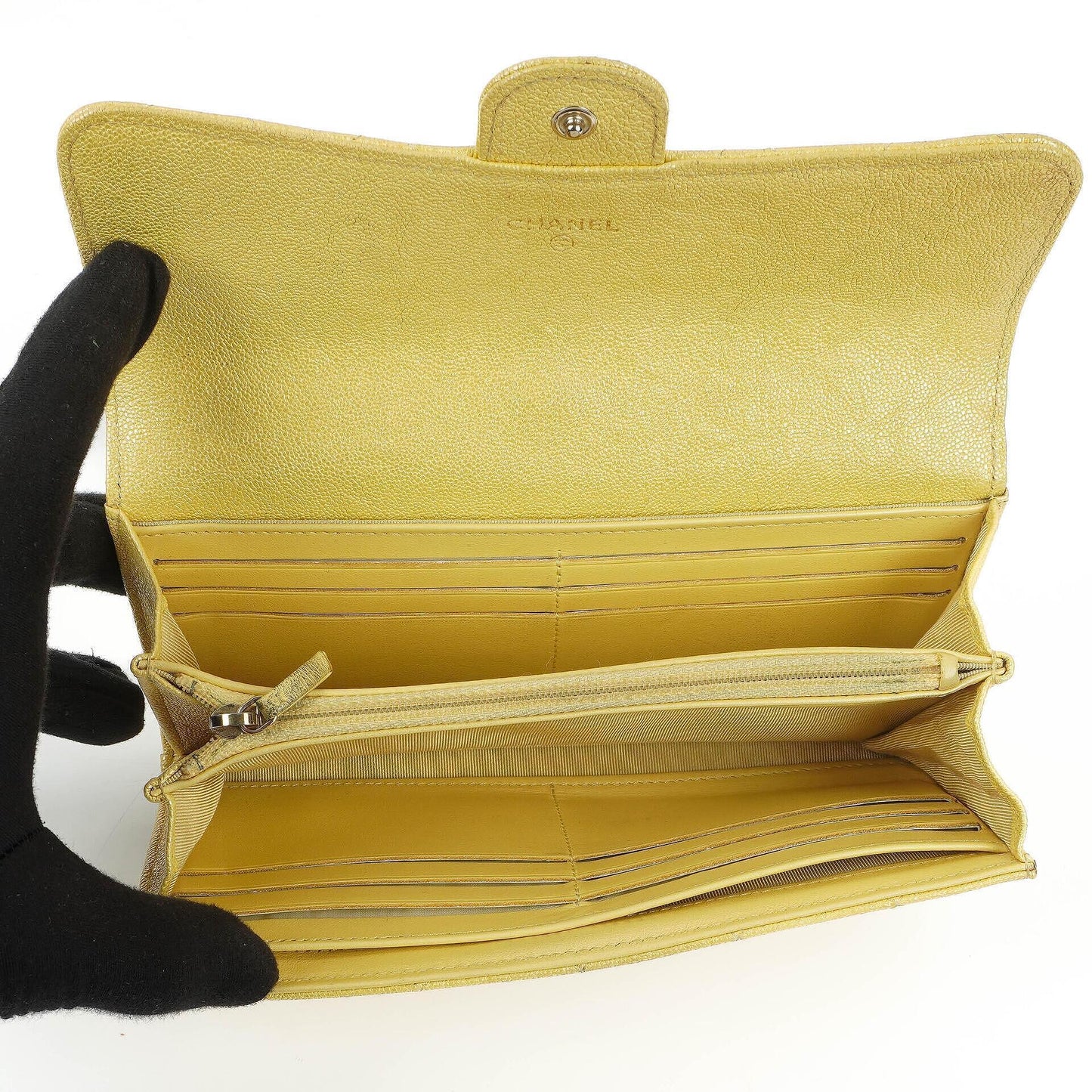 Chanel Classic Flap Wallet "Petite Maroquinerie" In Metallic Yellow Quilted Caviar Leather