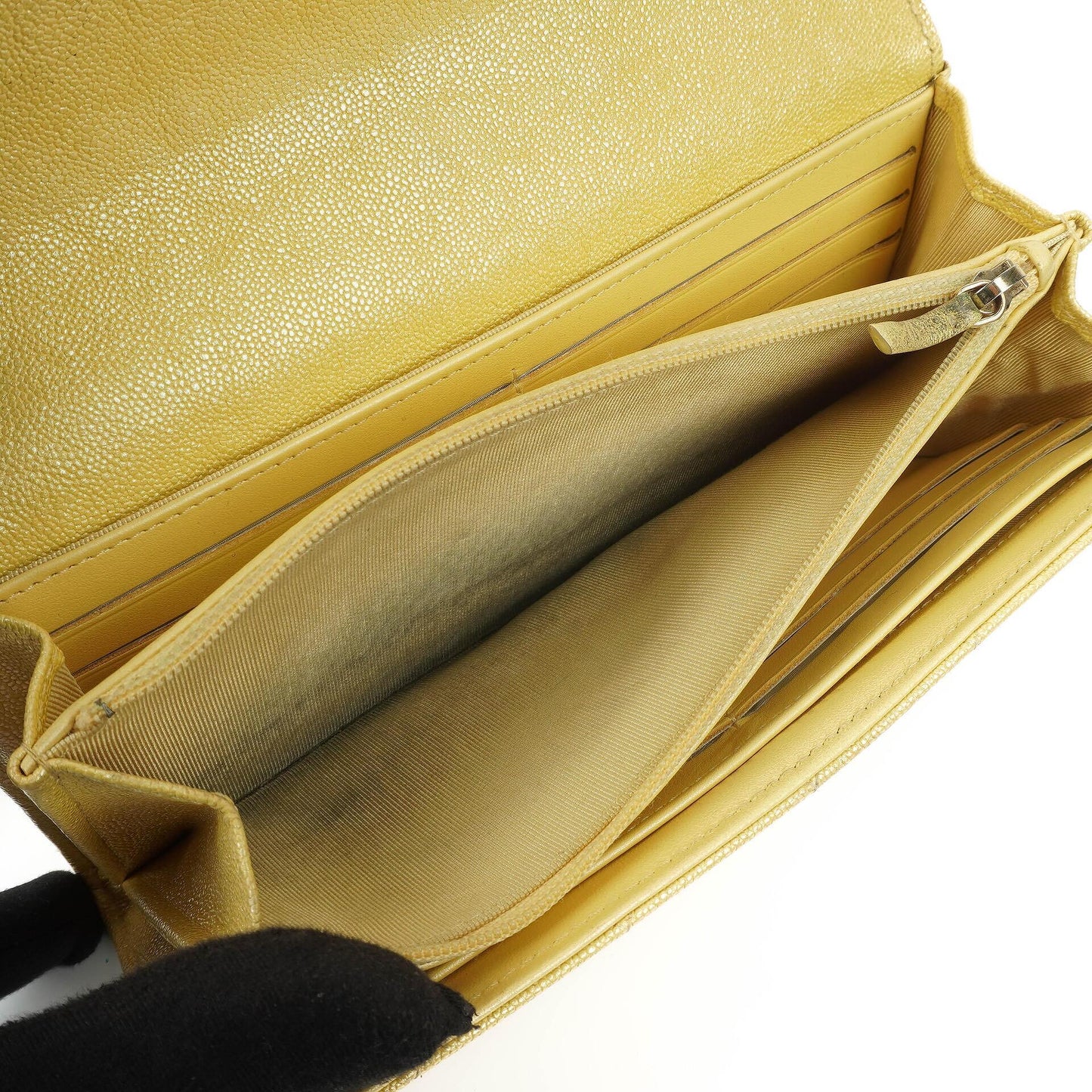 Chanel Classic Flap Wallet "Petite Maroquinerie" In Metallic Yellow Quilted Caviar Leather