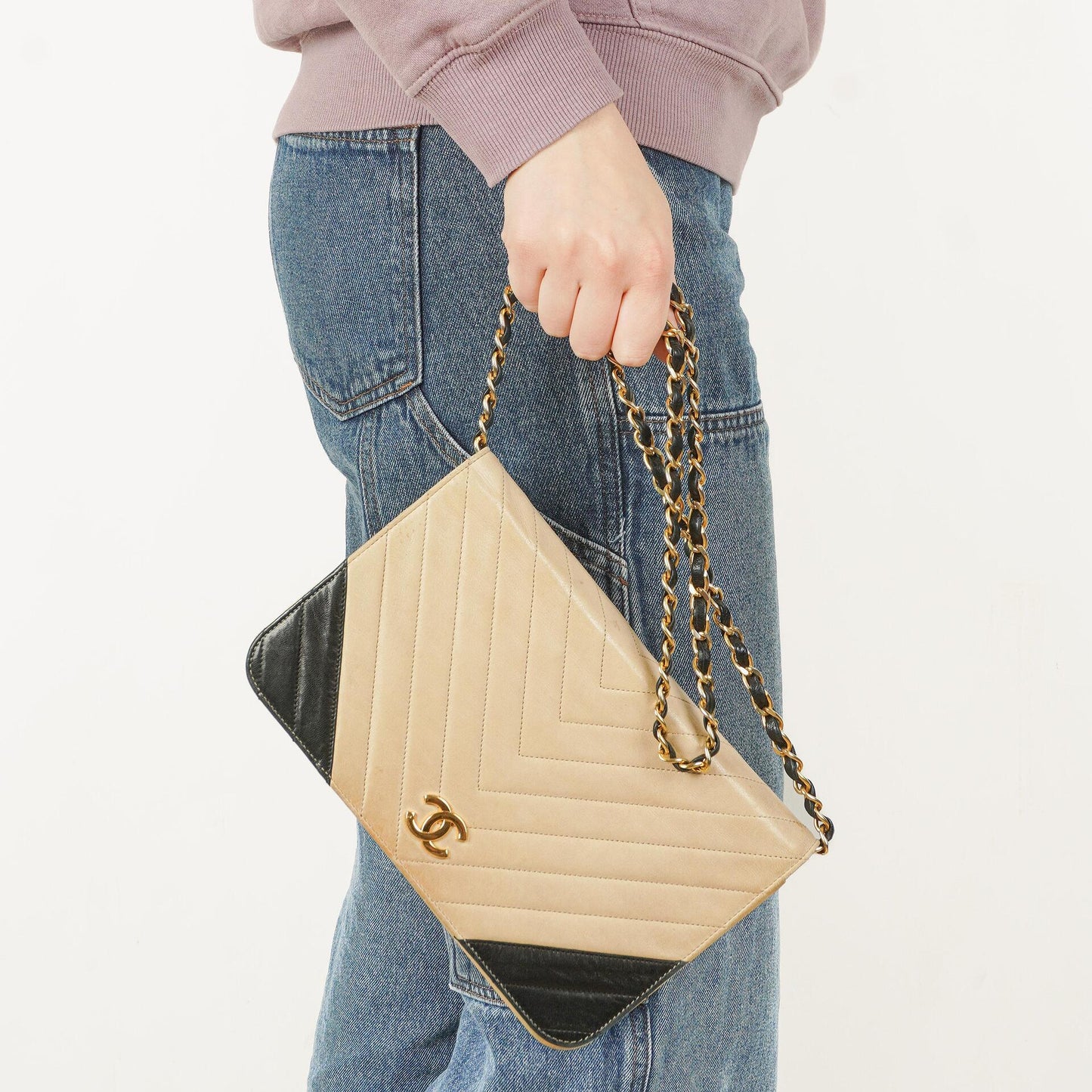 Chanel Classic Full Flap Bag Beige Chevron Quilted Leather 24K Gold-Plated Hardware