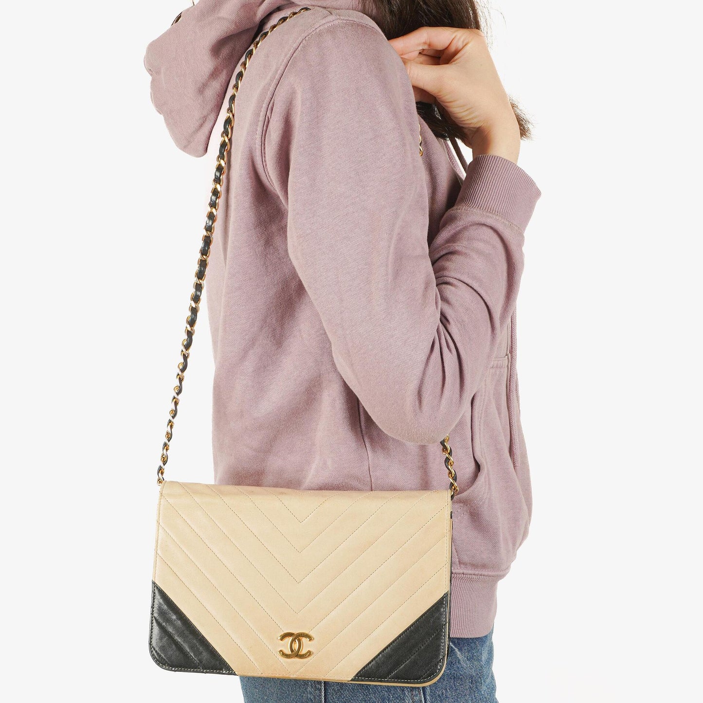 Chanel Classic Full Flap Bag Beige Chevron Quilted Leather 24K Gold-Plated Hardware