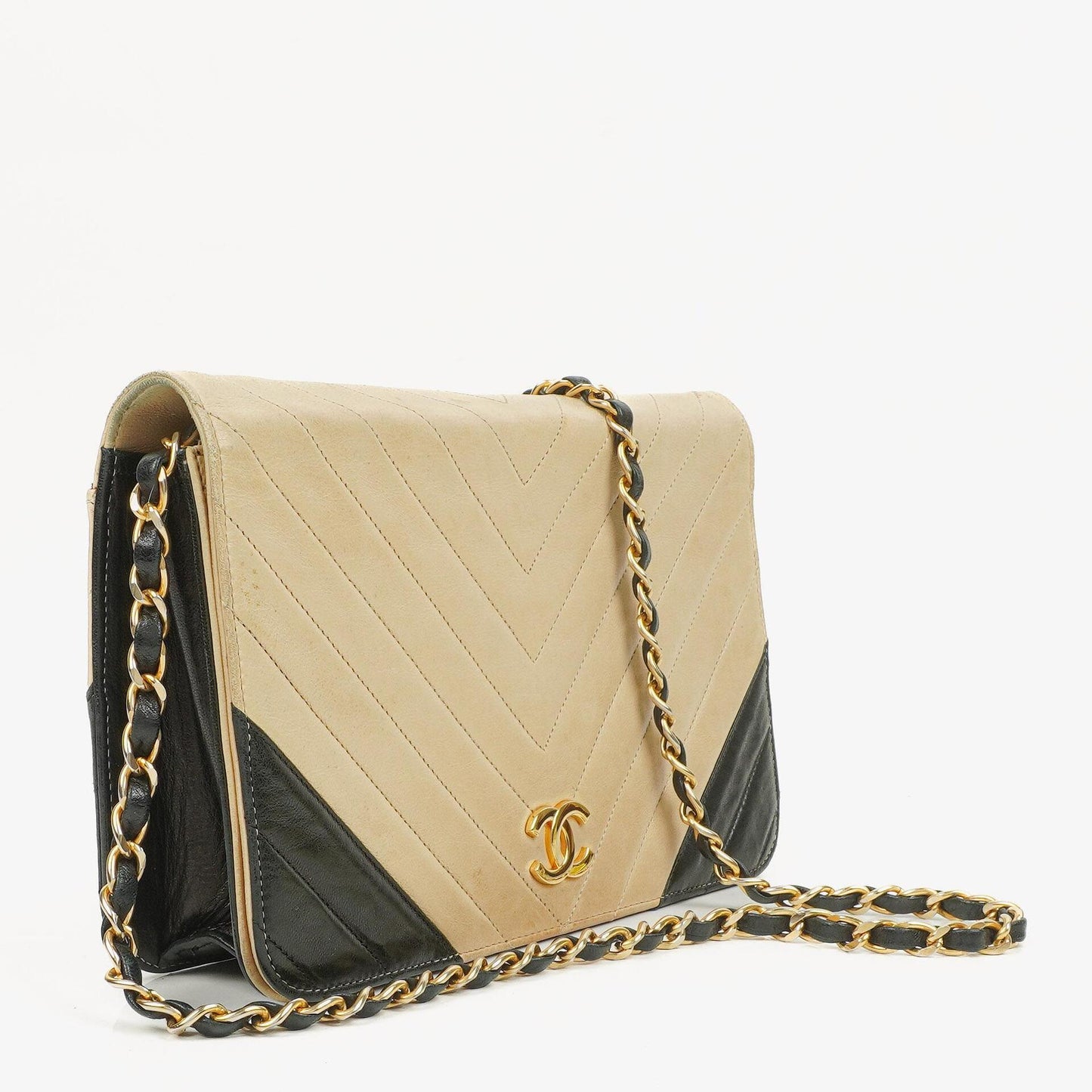 Chanel Classic Full Flap Bag Beige Chevron Quilted Leather 24K Gold-Plated Hardware