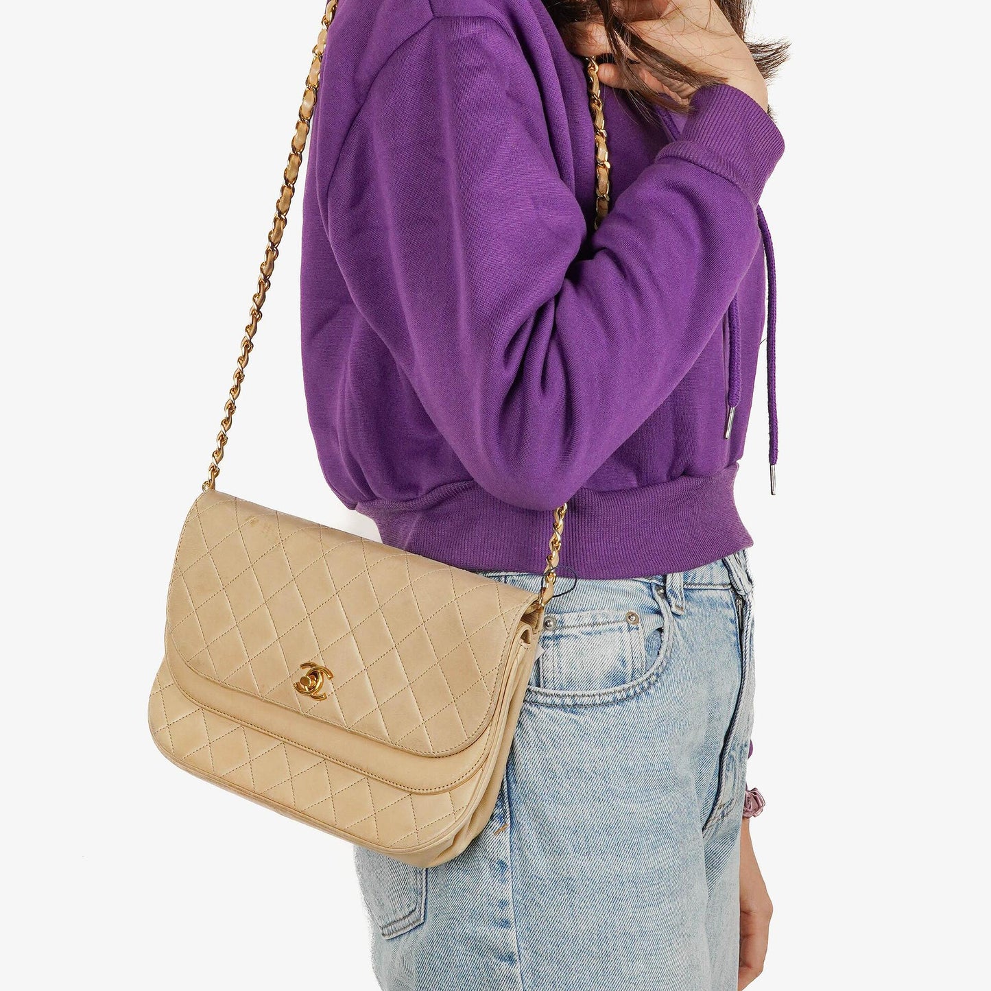 Chanel Classic Half Moon Double Flap Bag In Beige Quilted Lambskin And 24K Gold-Plated Hardware