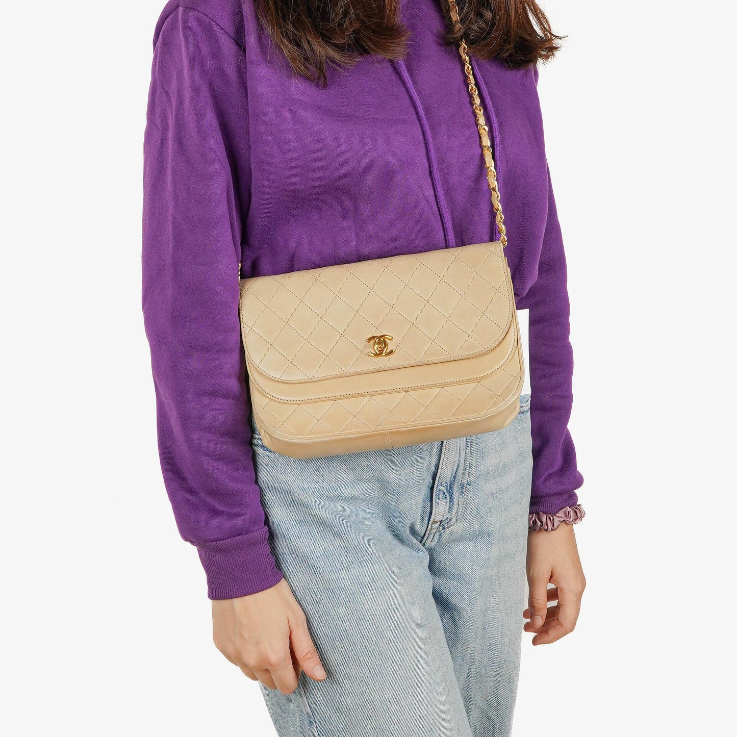 Chanel Classic Half Moon Double Flap Bag In Beige Quilted Lambskin And 24K Gold-Plated Hardware