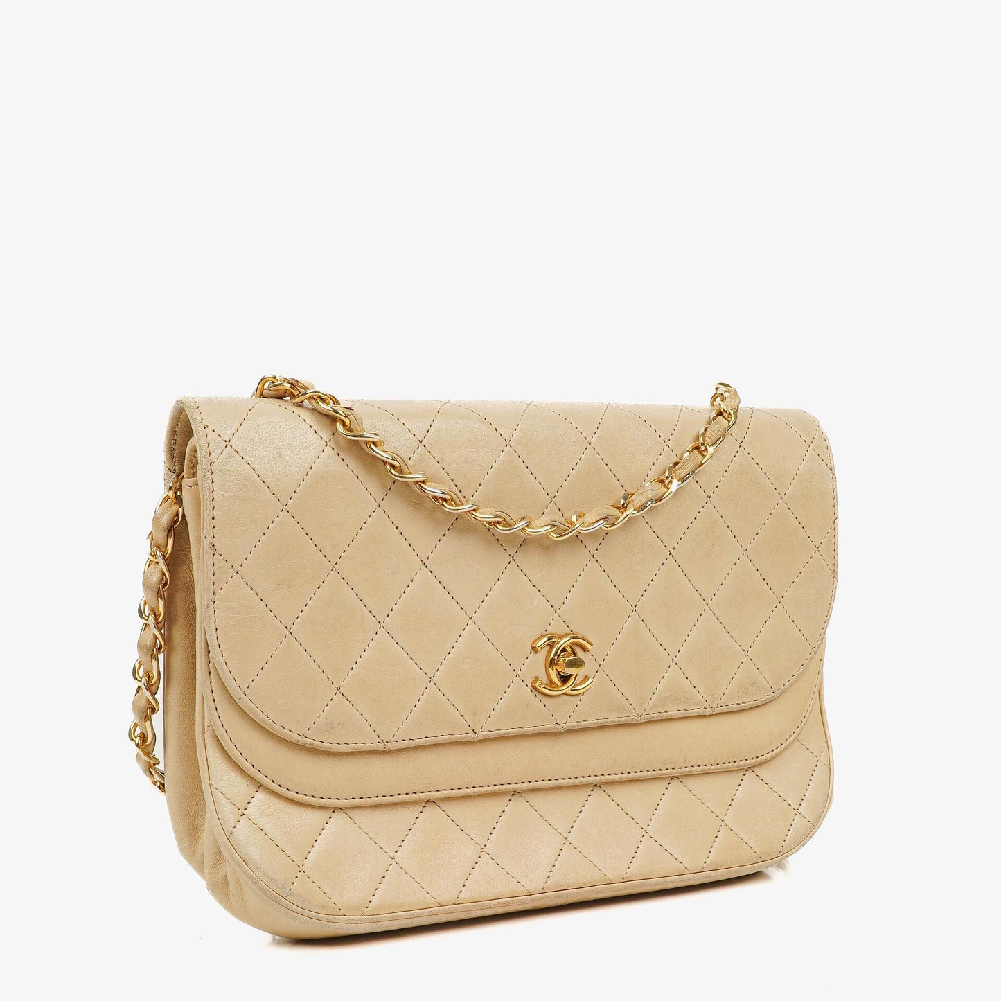 Chanel Classic Half Moon Double Flap Bag In Beige Quilted Lambskin And 24K Gold-Plated Hardware
