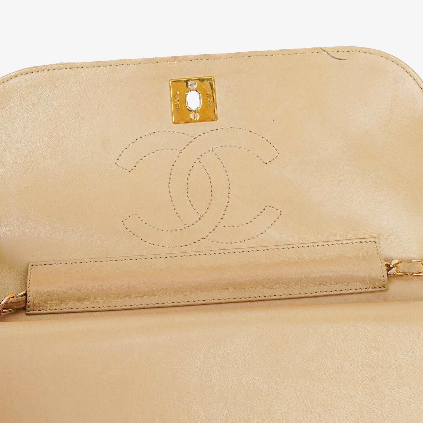 Chanel Classic Half Moon Double Flap Bag In Beige Quilted Lambskin And 24K Gold-Plated Hardware