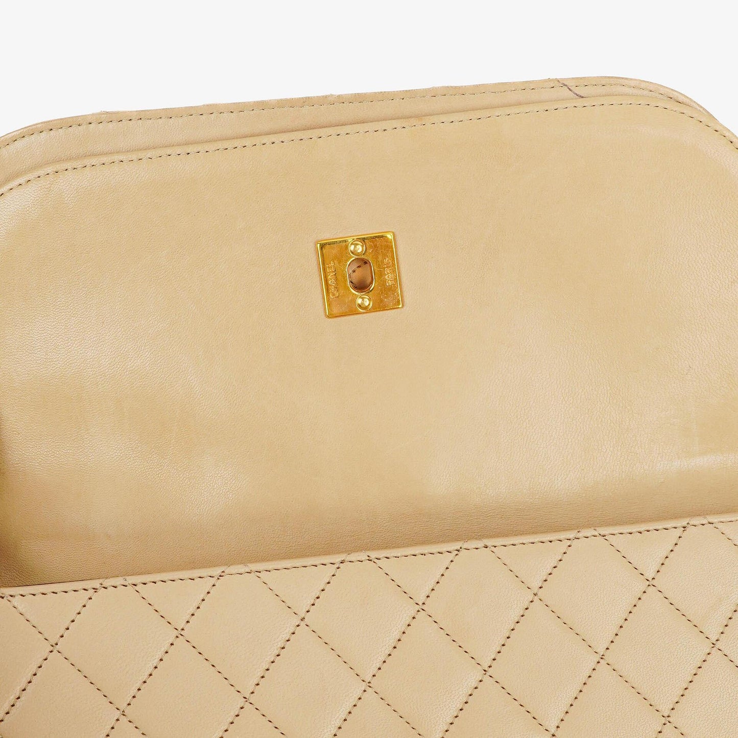 Chanel Classic Half Moon Double Flap Bag In Beige Quilted Lambskin And 24K Gold-Plated Hardware