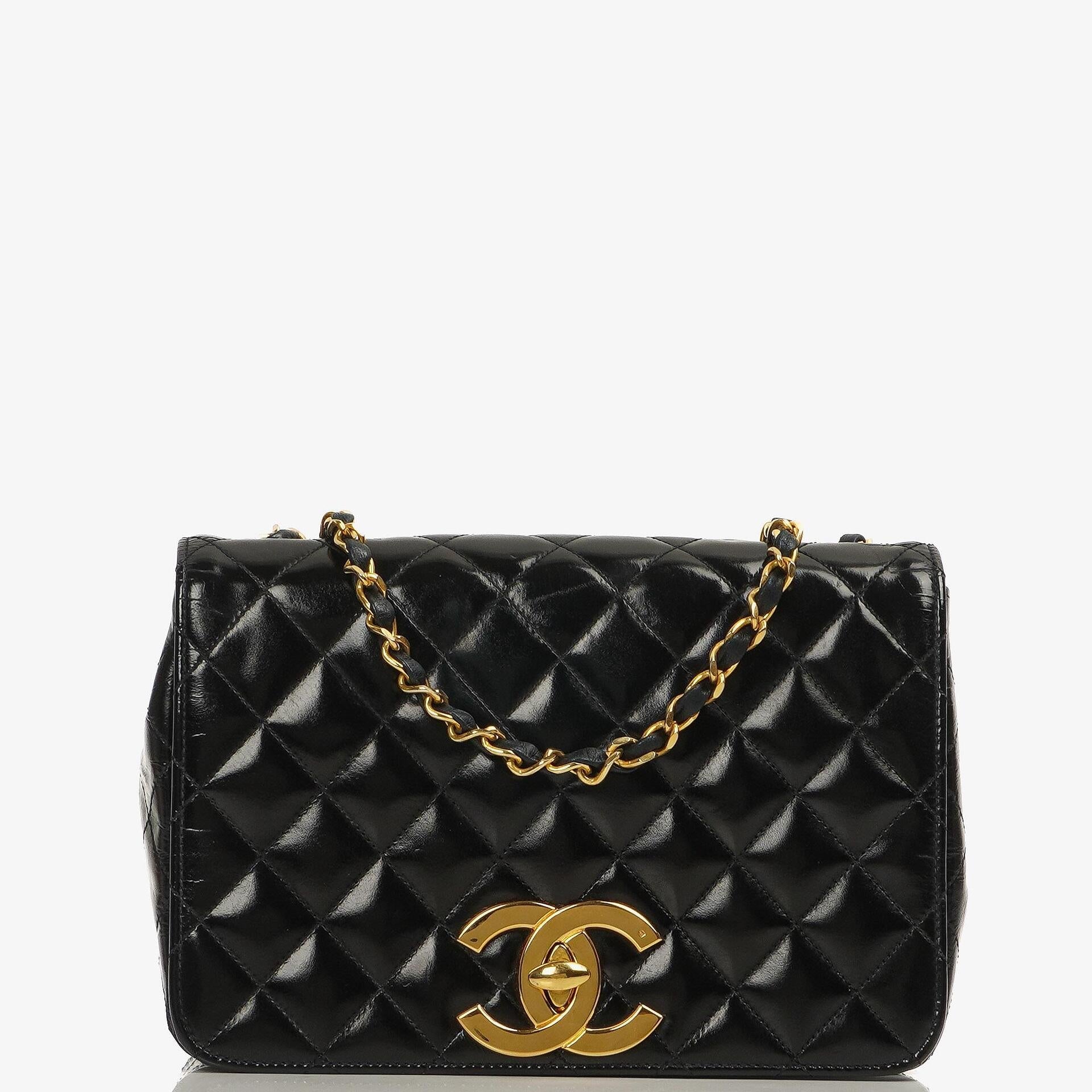 Chanel Classic Maxi Logo Full Flap Bag Black Quilted Patent Leather With 24K Gold-Plated Hardware
