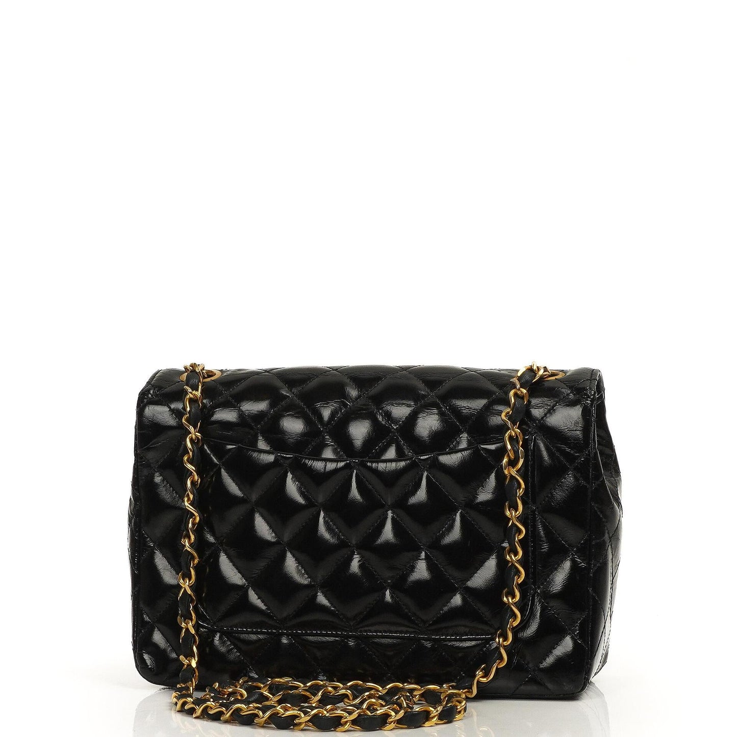 Chanel Classic Maxi Logo Full Flap Bag Black Quilted Patent Leather With 24K Gold-Plated Hardware