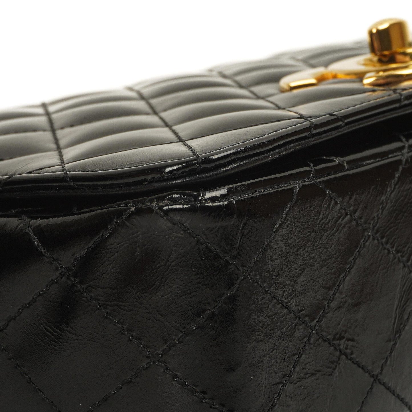 Chanel Classic Maxi Logo Full Flap Bag Black Quilted Patent Leather With 24K Gold-Plated Hardware