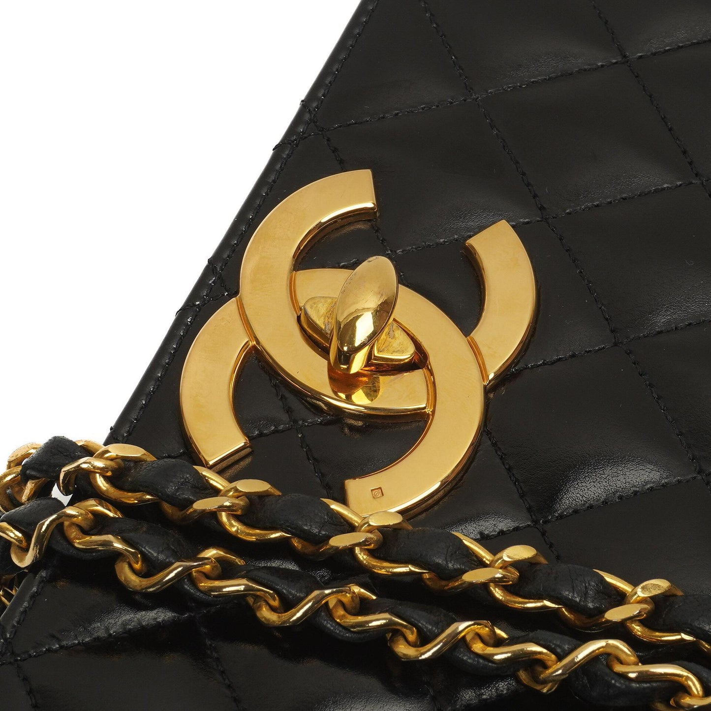 Chanel Classic Maxi Logo Full Flap Bag Black Quilted Patent Leather With 24K Gold-Plated Hardware