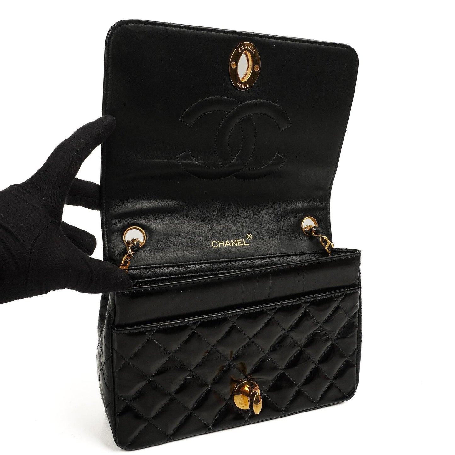 Chanel Classic Maxi Logo Full Flap Bag Black Quilted Patent Leather With 24K Gold-Plated Hardware