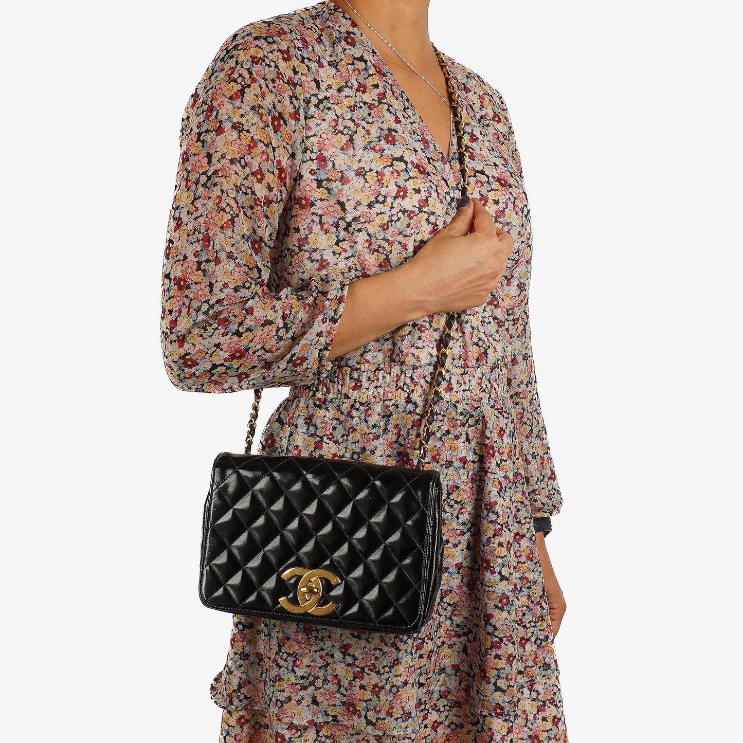 Chanel Classic Maxi Logo Full Flap Bag Black Quilted Patent Leather With 24K Gold-Plated Hardware