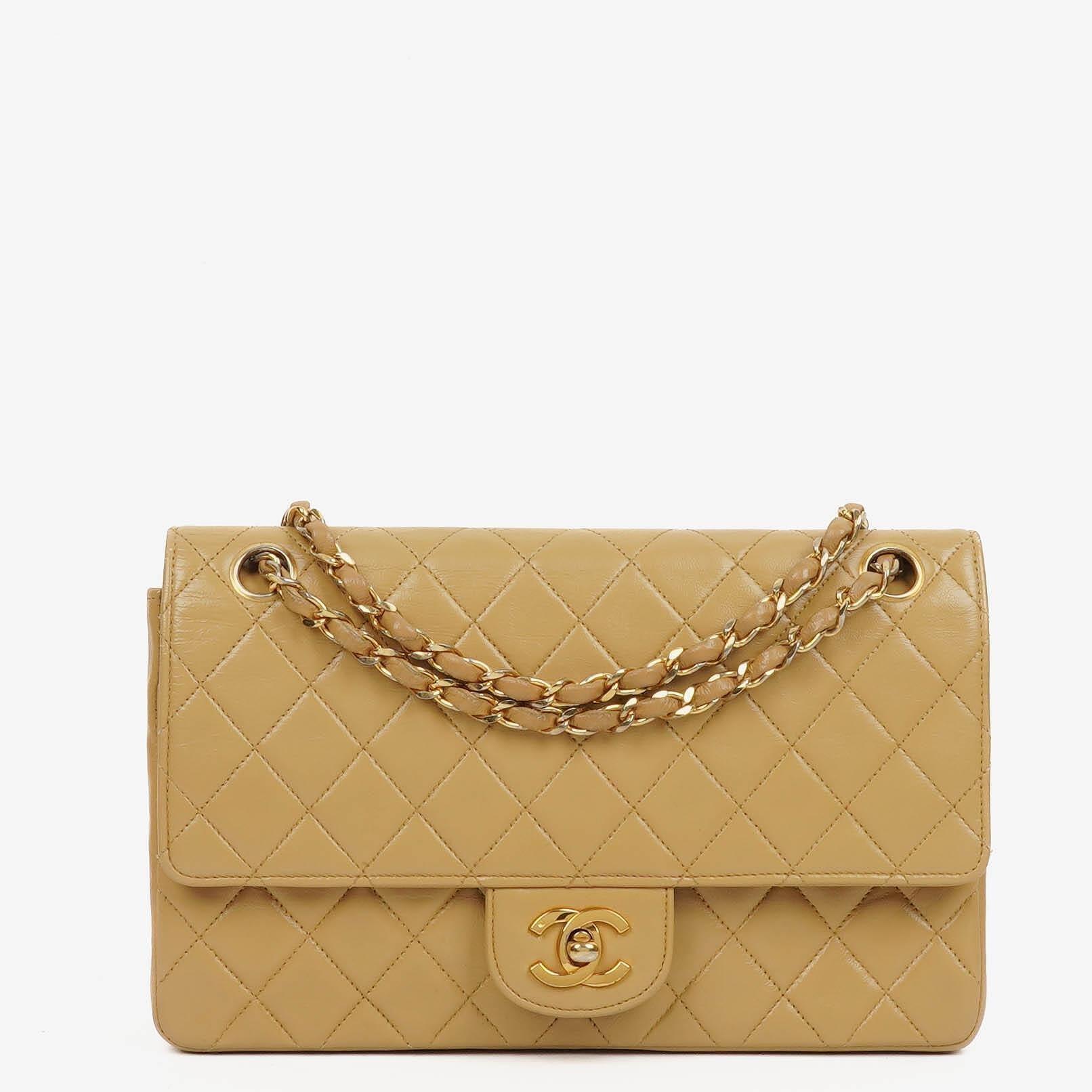 Chanel Classic Medium Double Flap Bag In Beige Quilted Lambskin And 24K Gold-Plated Hardware