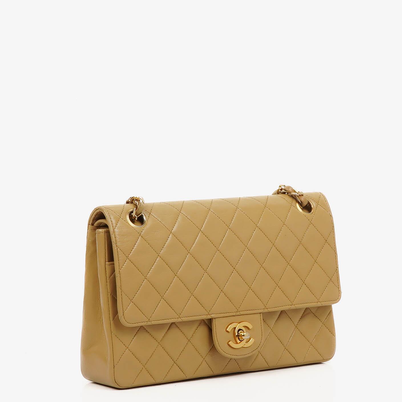 Chanel Classic Medium Double Flap Bag In Beige Quilted Lambskin And 24K Gold-Plated Hardware