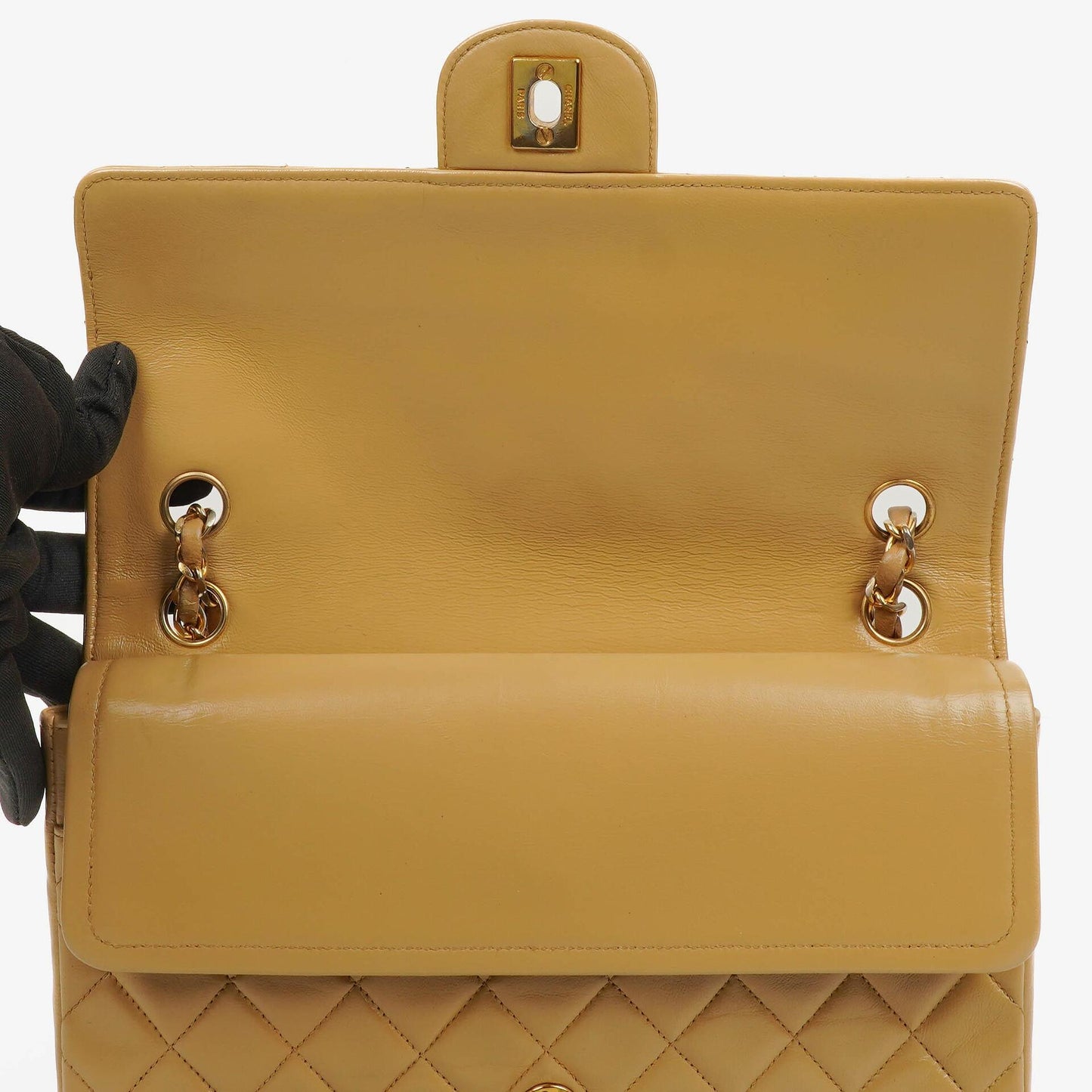 Chanel Classic Medium Double Flap Bag In Beige Quilted Lambskin And 24K Gold-Plated Hardware