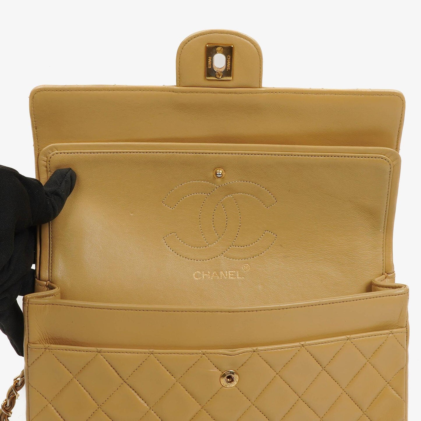 Chanel Classic Medium Double Flap Bag In Beige Quilted Lambskin And 24K Gold-Plated Hardware