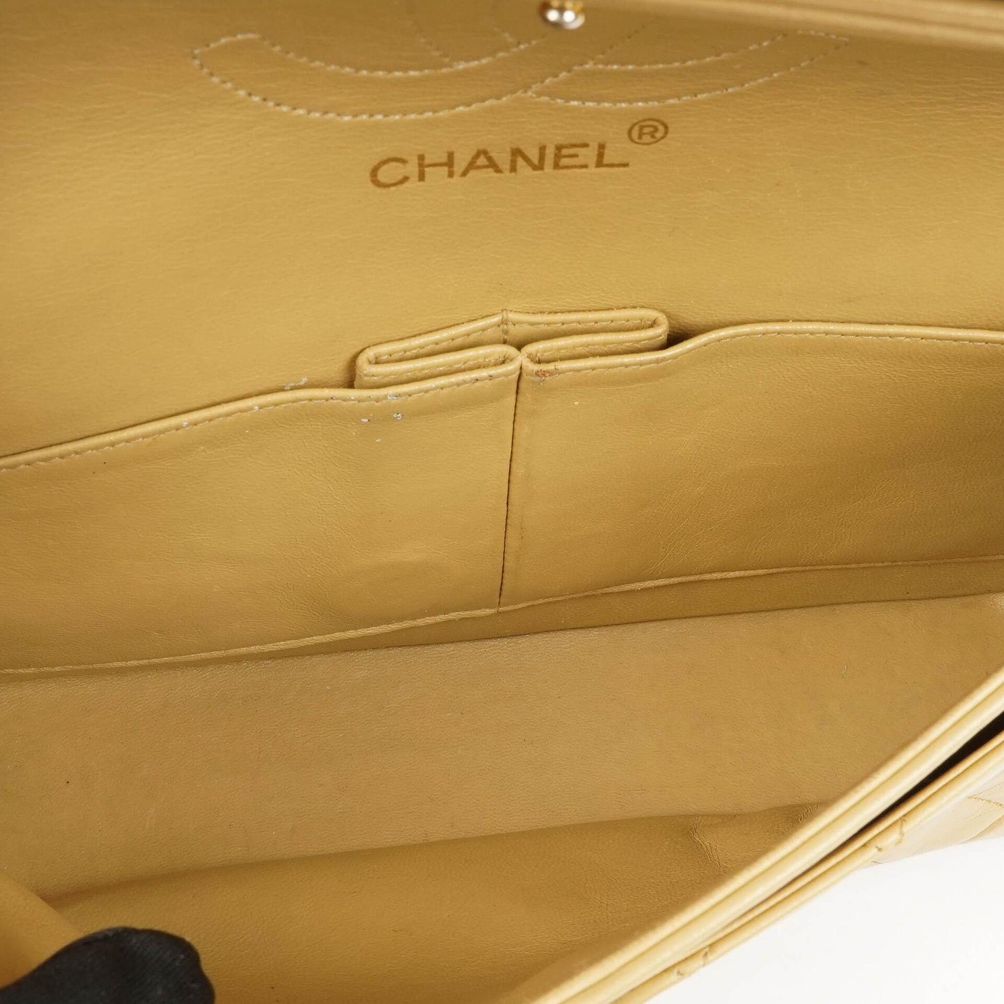 Chanel Classic Medium Double Flap Bag In Beige Quilted Lambskin And 24K Gold-Plated Hardware