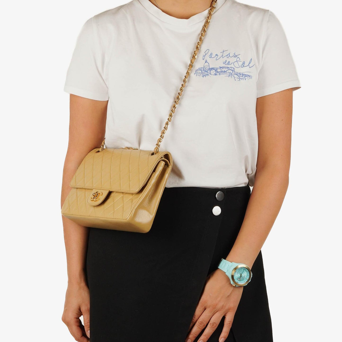 Chanel Classic Medium Double Flap Bag In Beige Quilted Lambskin And 24K Gold-Plated Hardware