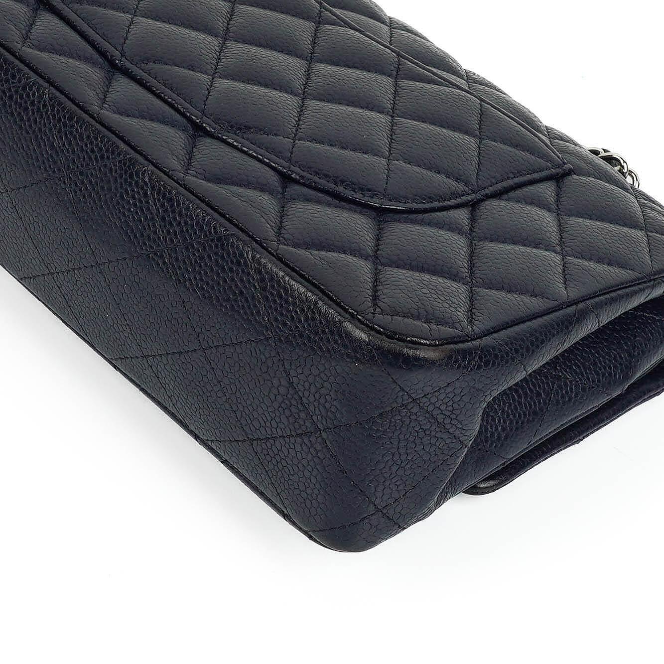 Chanel Classic Medium Double Flap Bag In Navy Quilted Caviar Leather And Silver-Tone Hardware