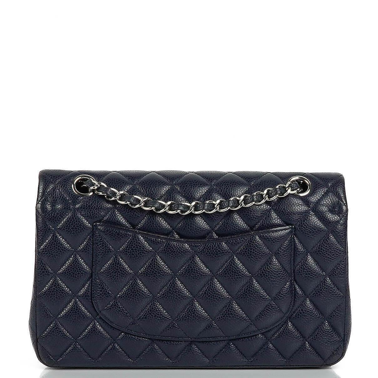 Chanel Classic Medium Double Flap Bag In Navy Quilted Caviar Leather And Silver-Tone Hardware