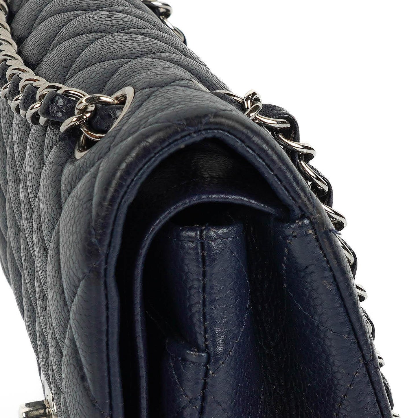 Chanel Classic Medium Double Flap Bag In Navy Quilted Caviar Leather And Silver-Tone Hardware