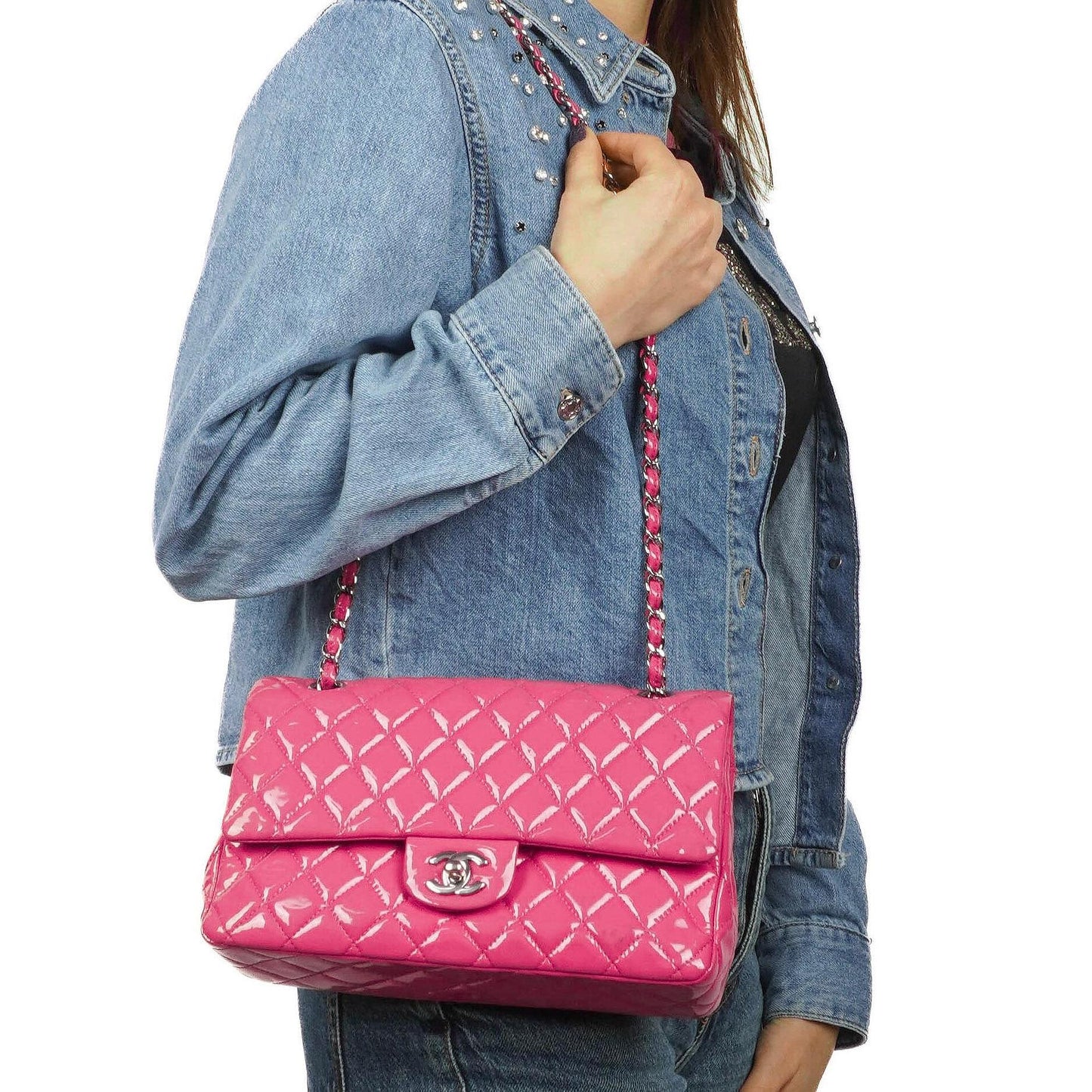 Chanel Classic Medium Pink Quilted Patent Leather Double Flap Bag With Silver Hardware