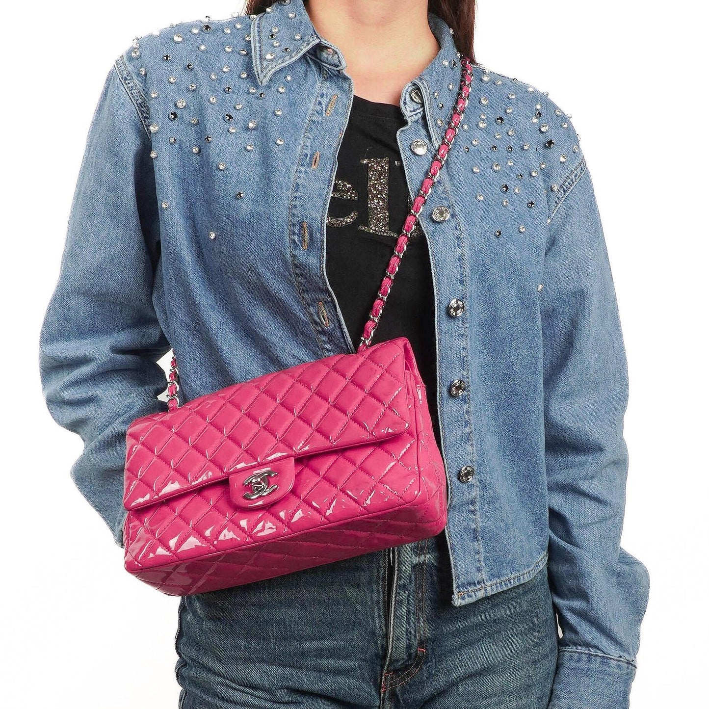 Chanel Classic Medium Pink Quilted Patent Leather Double Flap Bag With Silver Hardware