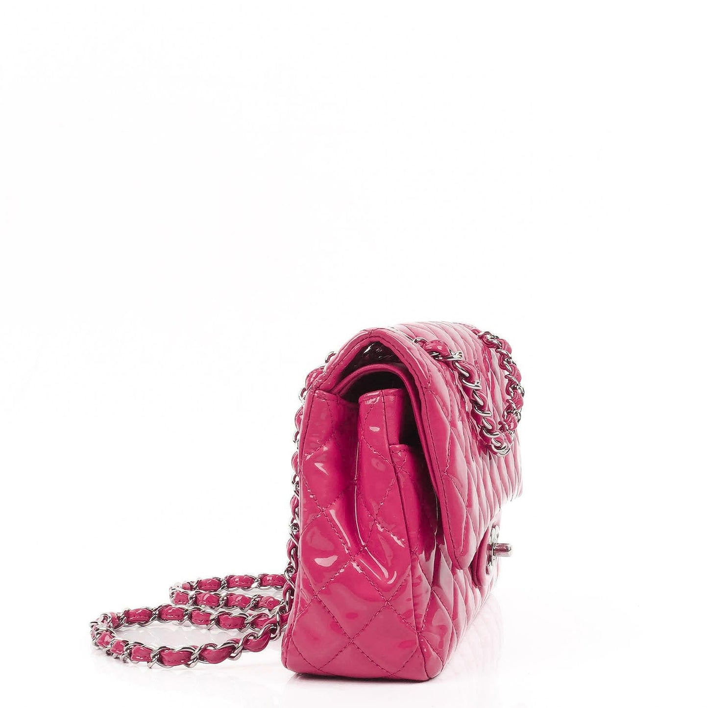 Chanel Classic Medium Pink Quilted Patent Leather Double Flap Bag With Silver Hardware