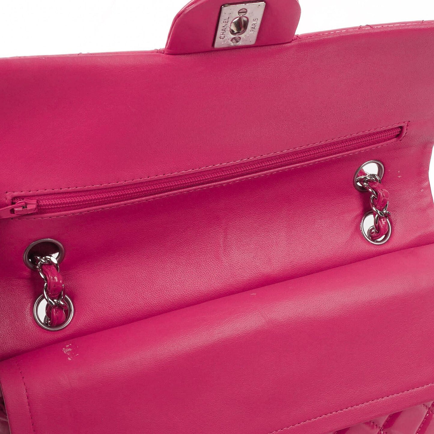 Chanel Classic Medium Pink Quilted Patent Leather Double Flap Bag With Silver Hardware