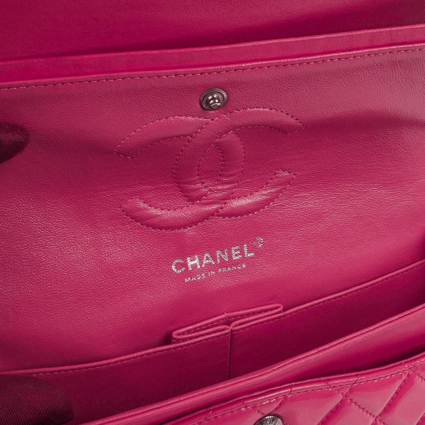 Chanel Classic Medium Pink Quilted Patent Leather Double Flap Bag With Silver Hardware