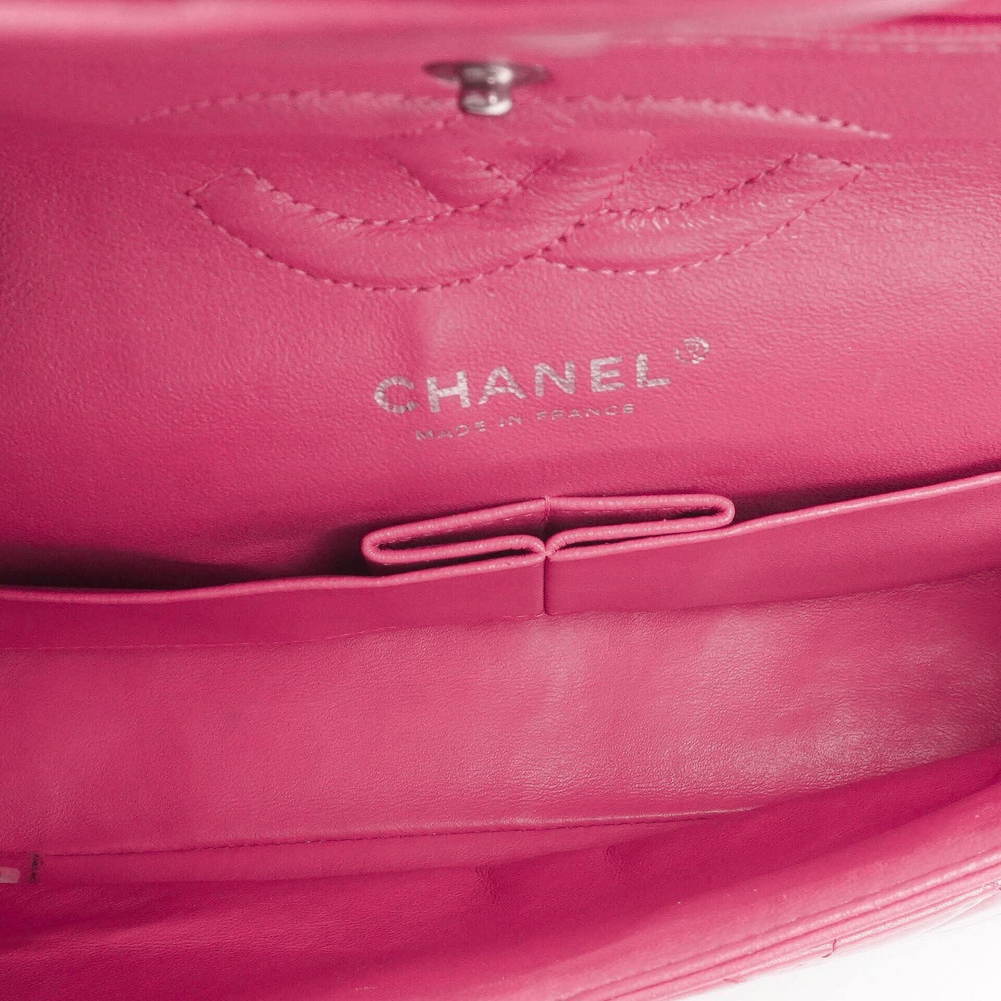 Chanel Classic Medium Pink Quilted Patent Leather Double Flap Bag With Silver Hardware