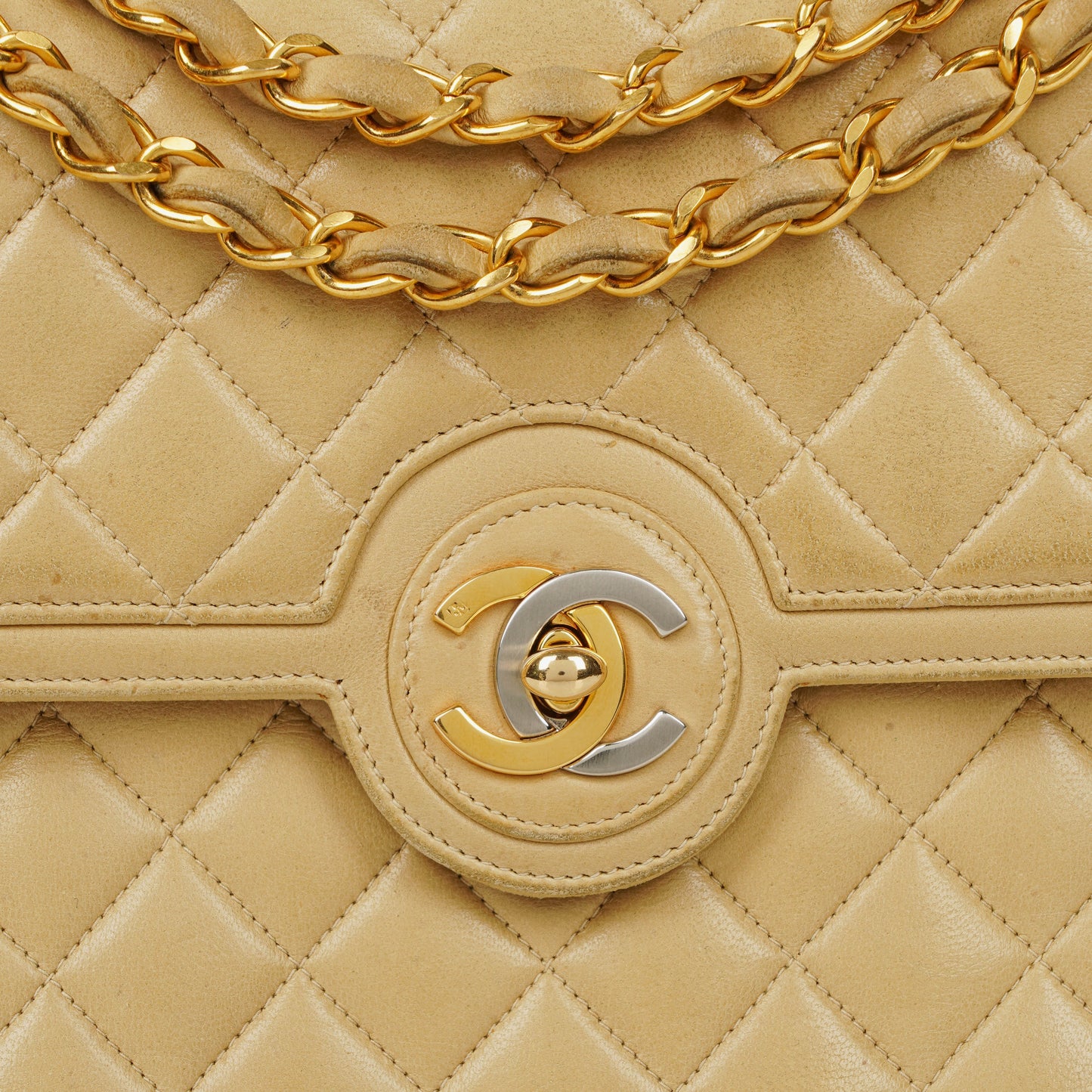 Chanel Classic Medium Single Flap Bag Beige Quilted Leather With Gold & Silver Tone Combo Hardware