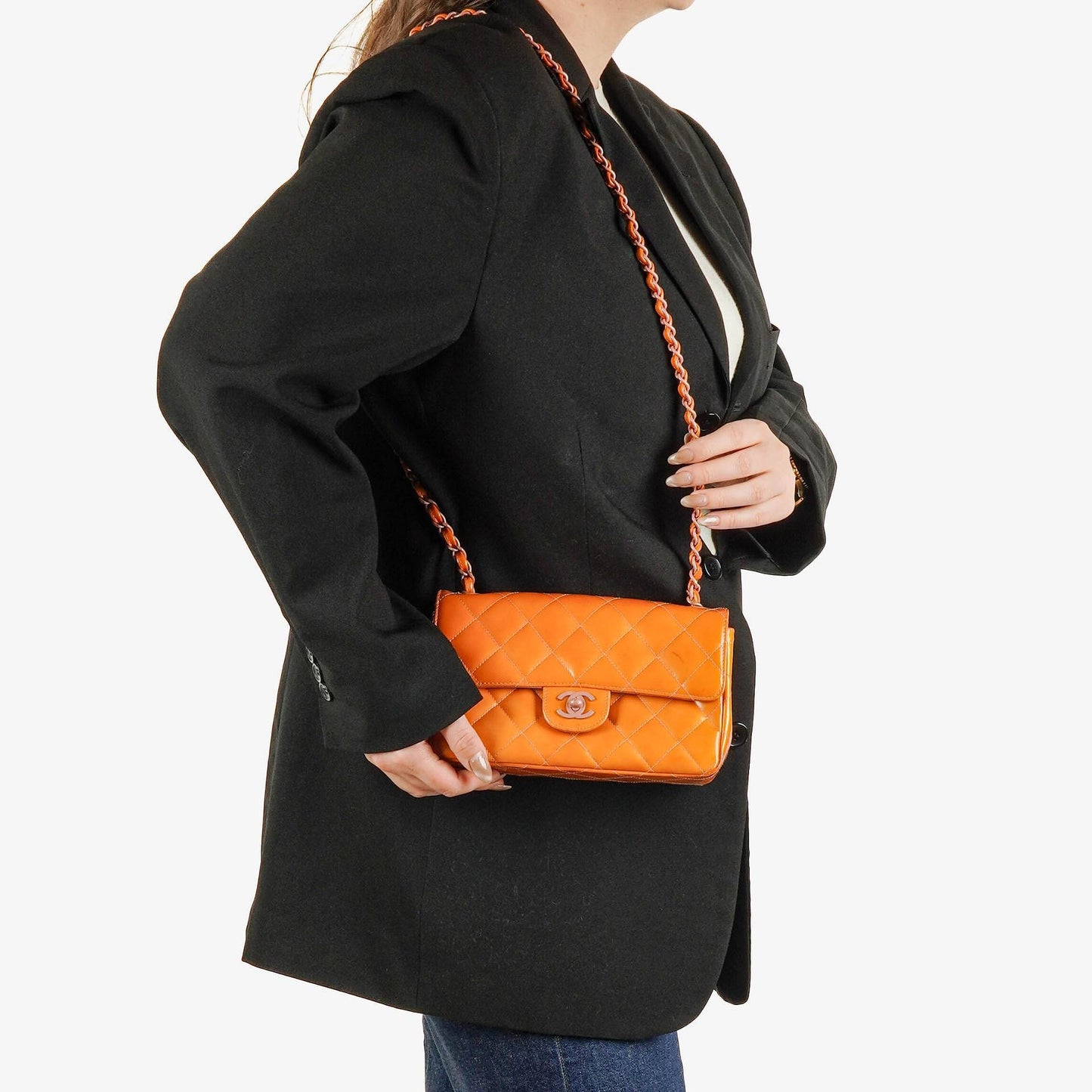 Chanel Classic Mini Rectangular Single Flap Bag Orange Patent Leather